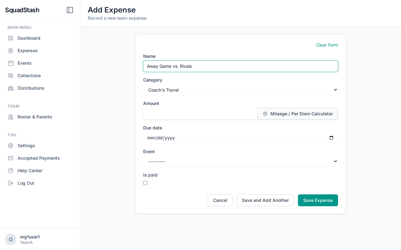 Add Expense with Travel Selected